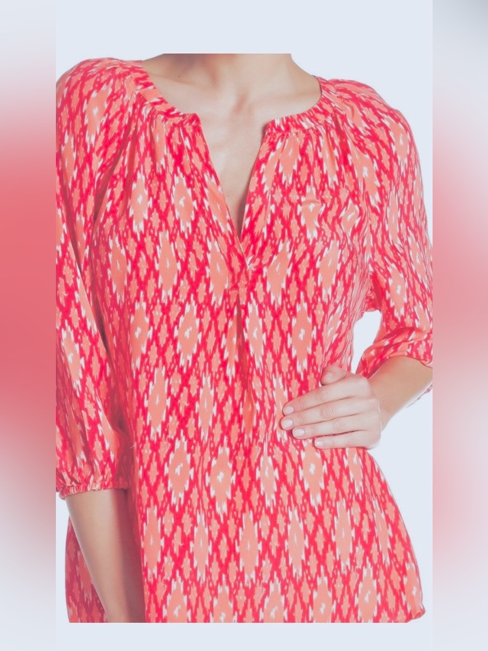 Joie ADDIE Silk Resortwear Pink and Coral IKAT Printed Tunic Top - size Large!!